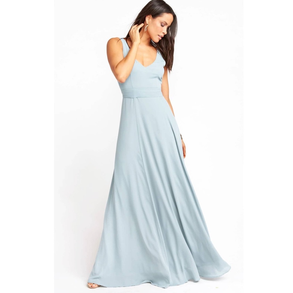 Show Me Your Mumu Jenn Maxi Dress V Neck Flowy Silver Sage Blue sz S